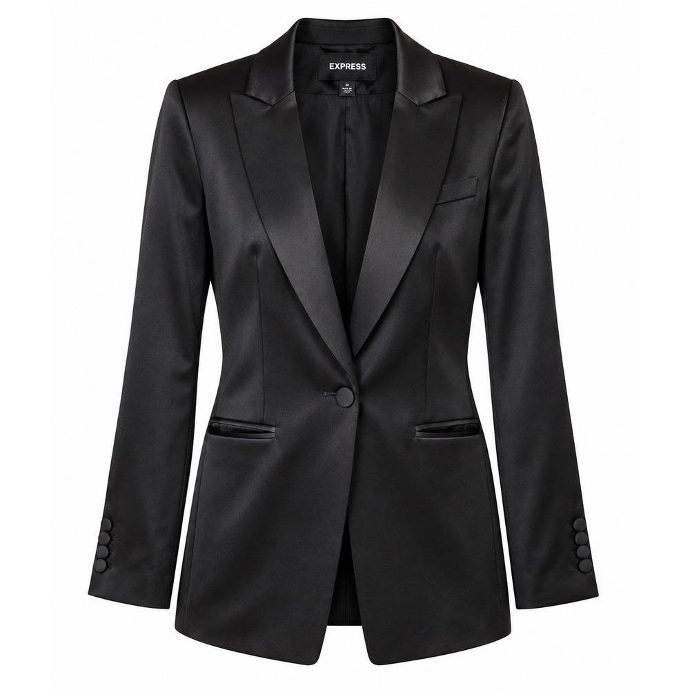 Express Womens Blazer M Black Satin Tuxedo Peak Lapel One Button Long Jacket